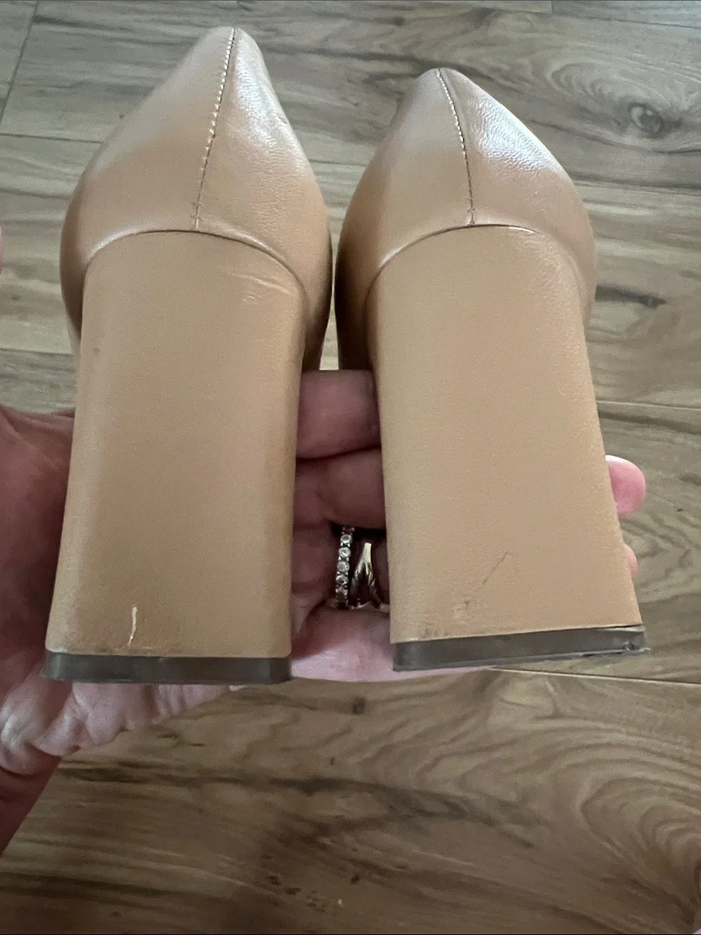 Vince Camuto Beige Pointed Toe Block Heel Pumps